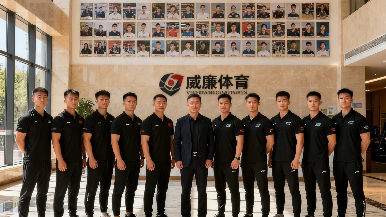 威廉体育创始人张伟明先生与核心教练团队在旗舰校区大堂的合影，12位资深教练身穿统一黑色训练服站成一排，背景墙上挂满了学员送来的锦旗和历年中考满分学员照片墙，阳光透过落地窗洒在大理石地面上。