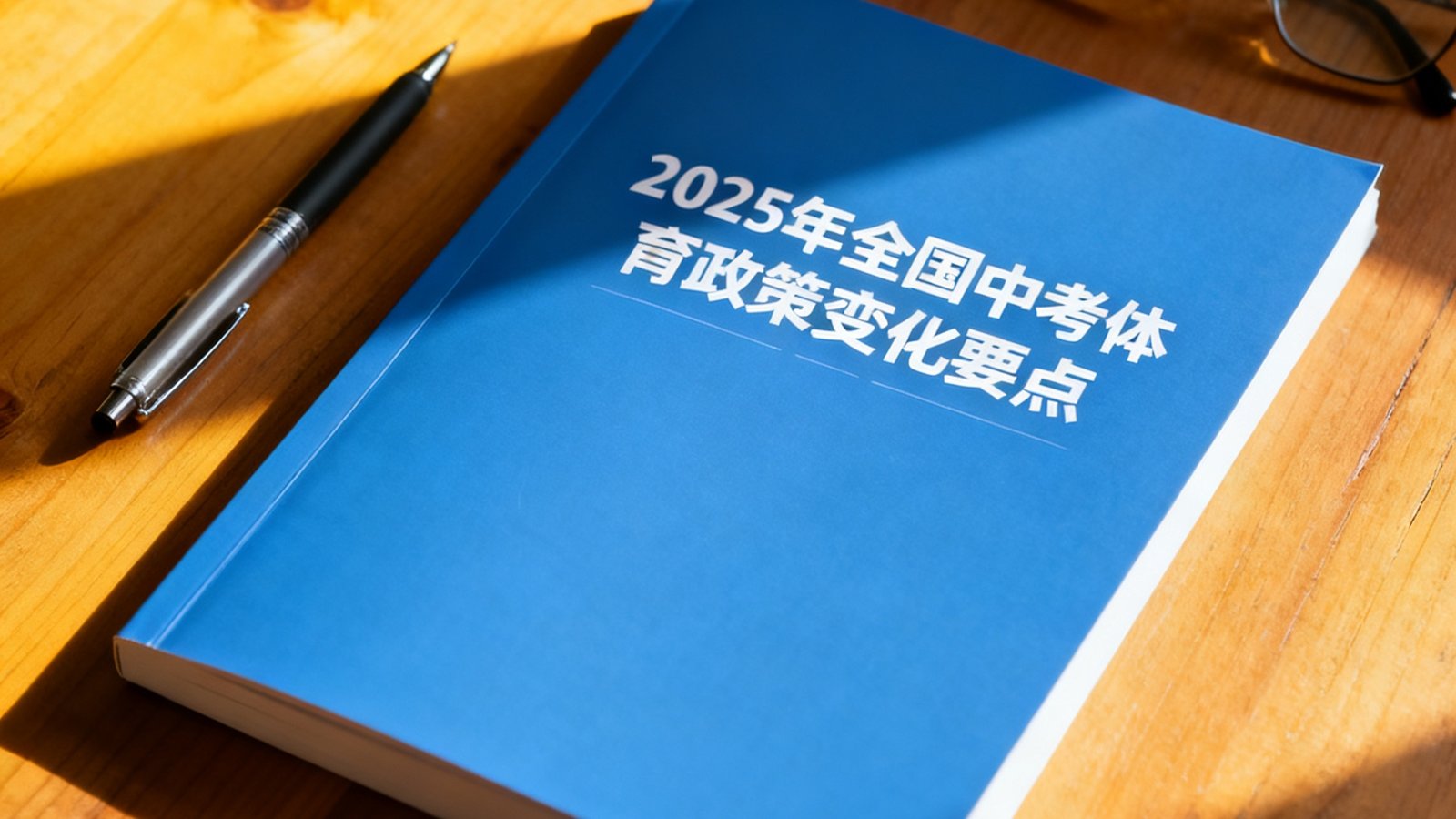 一份印有'2025年全国中考体育政策变化要点'标题的蓝色封面手册平放在木质桌面上，手册旁边放着一支笔和一副眼镜，阳光从侧面照进来，营造出认真研读的氛围。